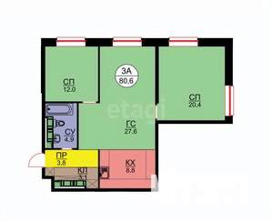 3-к квартира, сданный дом, 81м2, 41/45 этаж