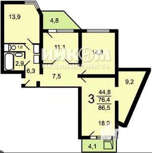 3-к квартира, вторичка, 90м2, 11/26 этаж