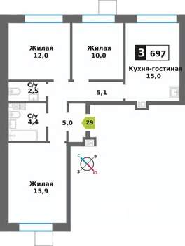 3-к квартира, вторичка, 70м2, 6/9 этаж