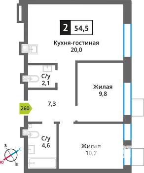 2-к квартира, вторичка, 55м2, 5/9 этаж