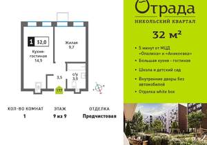 1-к квартира, вторичка, 32м2, 9/9 этаж