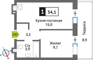1-к квартира, вторичка, 34м2, 1/9 этаж