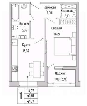 1-к квартира, вторичка, 45м2, 5/9 этаж