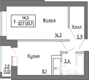 1-к квартира, строящийся дом, 33м2, 2/4 этаж