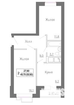 2-к квартира, строящийся дом, 52м2, 4/5 этаж