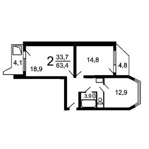 2-к квартира, вторичка, 65м2, 9/16 этаж