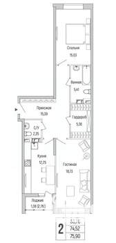 2-к квартира, вторичка, 76м2, 9/9 этаж