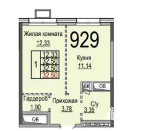 1-к квартира, сданный дом, 33м2, 15/25 этаж
