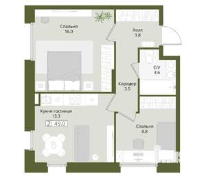 2-к квартира, вторичка, 49м2, 1/8 этаж