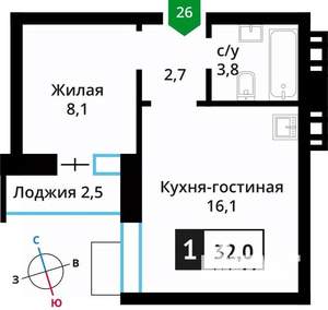 1-к квартира, вторичка, 32м2, 6/6 этаж
