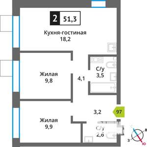 1-к квартира, вторичка, 51м2, 6/9 этаж