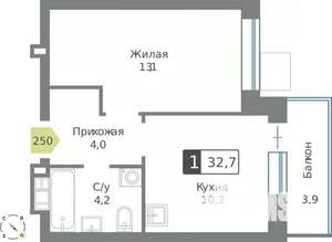 1-к квартира, строящийся дом, 33м2, 3/9 этаж
