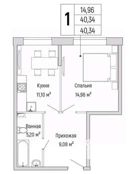 1-к квартира, вторичка, 40м2, 1/9 этаж