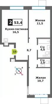 2-к квартира, вторичка, 53м2, 4/9 этаж
