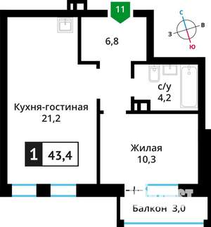 1-к квартира, вторичка, 43м2, 3/6 этаж