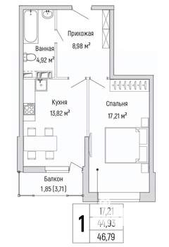 1-к квартира, вторичка, 47м2, 6/10 этаж