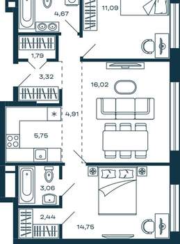 2-к квартира, строящийся дом, 68м2, 8/25 этаж