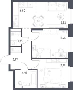 2-к квартира, строящийся дом, 51м2, 23/24 этаж