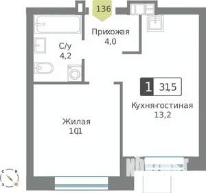 1-к квартира, строящийся дом, 32м2, 7/9 этаж