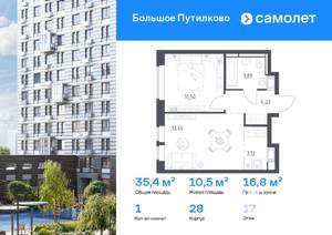 1-к квартира, вторичка, 35м2, 17/25 этаж