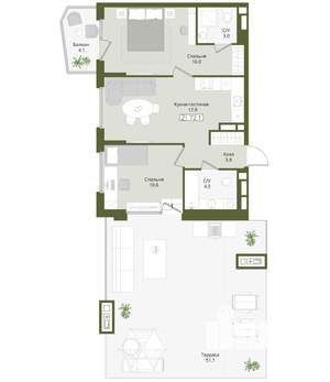 2-к квартира, вторичка, 72м2, 6/8 этаж