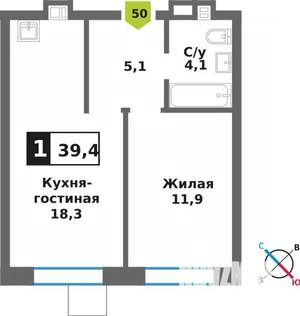 1-к квартира, вторичка, 39м2, 2/9 этаж