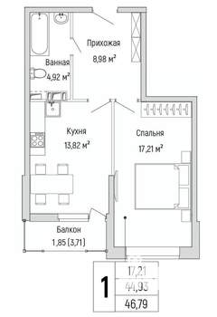 1-к квартира, вторичка, 47м2, 3/9 этаж