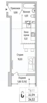 Студия квартира, вторичка, 35м2, 5/9 этаж