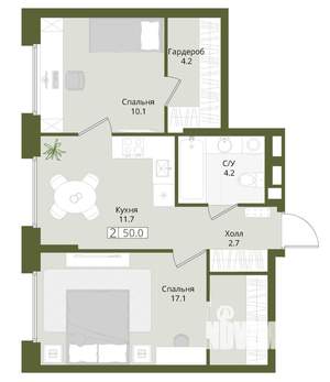 2-к квартира, вторичка, 50м2, 1/8 этаж