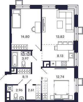 2-к квартира, сданный дом, 67м2, 4/28 этаж