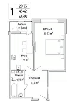1-к квартира, вторичка, 47м2, 6/9 этаж