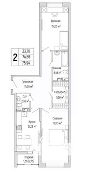 2-к квартира, вторичка, 76м2, 5/9 этаж