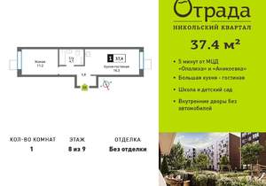 1-к квартира, вторичка, 37м2, 8/9 этаж