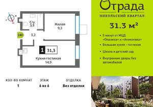 1-к квартира, вторичка, 31м2, 6/9 этаж