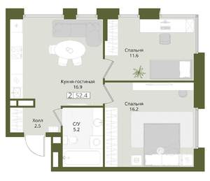 2-к квартира, вторичка, 52м2, 4/8 этаж