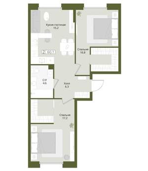 2-к квартира, вторичка, 60м2, 1/8 этаж