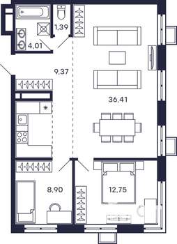 2-к квартира, строящийся дом, 73м2, 26/28 этаж