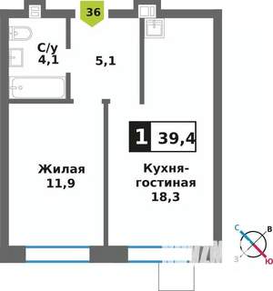 1-к квартира, вторичка, 39м2, 8/9 этаж