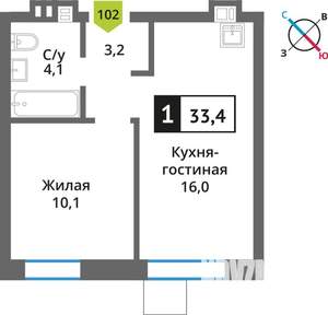 1-к квартира, вторичка, 33м2, 6/9 этаж