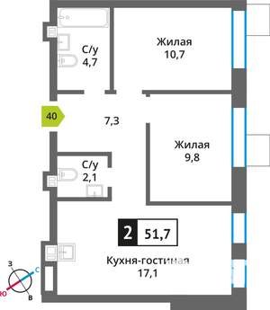 1-к квартира, вторичка, 52м2, 7/9 этаж