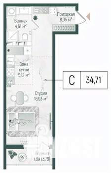 Студия квартира, вторичка, 37м2, 4/10 этаж