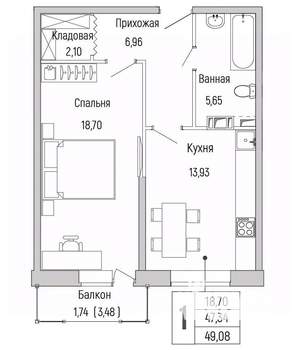 1-к квартира, вторичка, 49м2, 5/9 этаж