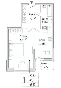 1-к квартира, строящийся дом, 48м2, 6/9 этаж