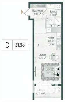 Студия квартира, вторичка, 34м2, 6/10 этаж