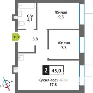 1-к квартира, вторичка, 45м2, 9/9 этаж