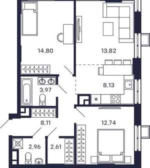 2-к квартира, сданный дом, 67м2, 4/28 этаж