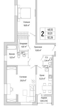 2-к квартира, вторичка, 92м2, 3/9 этаж