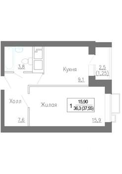 1-к квартира, строящийся дом, 38м2, 3/4 этаж