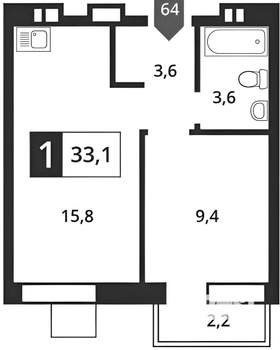 1-к квартира, вторичка, 33м2, 3/6 этаж
