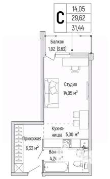 Студия квартира, вторичка, 31м2, 6/9 этаж